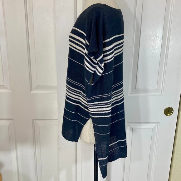 Eileen Fisher striped linen poncho sweater, womens large gray ivory organic knit - Picture 3 of 10